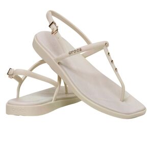 CROCS Women's Cream T-Strap Sandals with Gold Studs